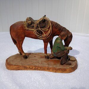 The Last Drop From His Stetson Statue Wooden Horse Equestrian Figurine Vintage